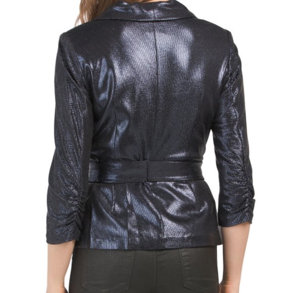 Adrianna Papell Women's Indigo Blue Metallic Wrap Top Size 4 Tie 3/4 Sleeve $139 - Picture 2 of 10